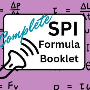May include: A white rectangle with black borders and rounded corners. The text "Complete SPI Formula Booklet" is written in black text. A blue and white pen with a wavy line is pointing to the rectangle. The background is a light purple color.