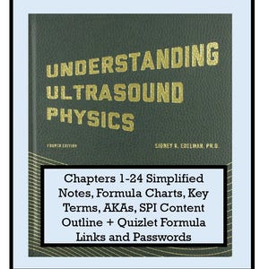 Notas simplificadas de física del ultrasonido, gráficos de fórmulas, términos clave, también conocidos como AKA, correlación de contenido SPI y enlaces de Quizlet de fórmulas.