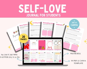 Digital Self Love Journal voor studenten, PLR doorverkopen, positieve affirmaties, geestelijke gezondheid, canvassjablonen, dankbaarheid, zelfzorgplanner