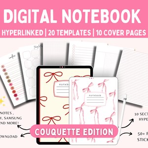 May include: Digital notebook with a pink and white bow design. The notebook has 20 templates and 10 cover pages. It is compatible with Goodnotes, Notability, Samsung Notes, and more. The notebook also includes 50+ free stickers.