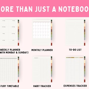 Op de afbeelding: Een roze achtergrond met bovenaan de tekst "MEER DAN ALLEEN EEN NOTITIEBOEK". Hieronder staan zes verschillende plannerpagina's: een weekplanner, maandplanner, takenlijst, studierooster, gewoontetracker en onkostentracker.