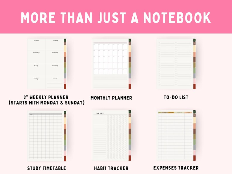 Op de afbeelding: Een roze achtergrond met bovenaan de tekst "MEER DAN ALLEEN EEN NOTITIEBOEK". Hieronder staan zes verschillende plannerpagina's: een weekplanner, maandplanner, takenlijst, studierooster, gewoontetracker en onkostentracker.