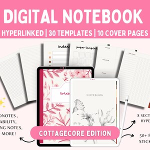 May include: Digital notebook with 30 templates, 10 cover pages, and 50+ free stickers. The notebook is hyperlinked and includes a cottagecore edition. Compatible with GoodNotes, Notability, and Samsung Notes.