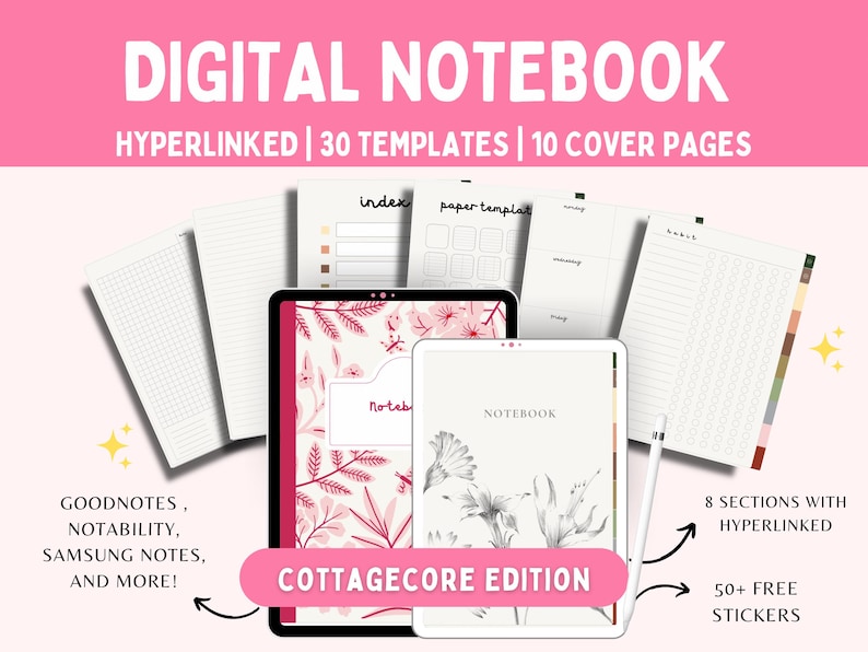 Op de afbeelding: Digitaal notitieboek met 30 sjablonen, 10 omslagpagina's en 50+ gratis stickers. Het notitieboek is voorzien van hyperlinks en bevat een cottagecore-editie. Compatibel met GoodNotes, Notability en Samsung Notes.