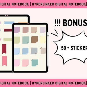 Op de afbeelding: Twee digitale tablets met zwarte randen worden getoond, de ene groter dan de andere. De schermen tonen kleurrijke digitale plaknotities en linten. De tekst "!!! BONUS !!!" en "50+ STICKERS" zijn ook zichtbaar.