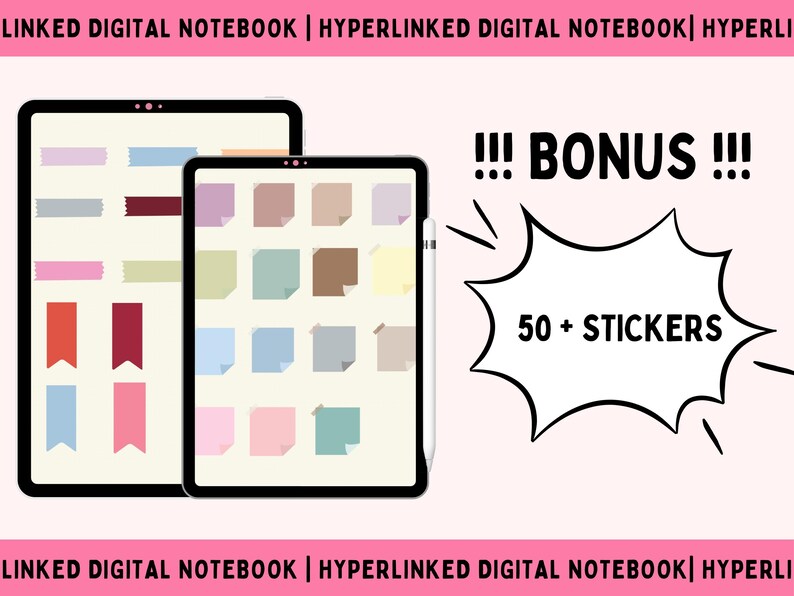 Op de afbeelding: Twee digitale tablets met zwarte randen worden getoond, de ene groter dan de andere. De schermen tonen kleurrijke digitale plaknotities en linten. De tekst "!!! BONUS !!!" en "50+ STICKERS" zijn ook zichtbaar.