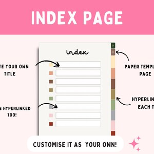 Op de afbeelding: Digitale indexpagina sjabloon met het woord "index" bovenaan. De pagina bevat secties voor titels, kleurgecodeerde tabbladen en de tekst "Write your own title", "It is hyperlinked too!" en "Customise it as your own!"