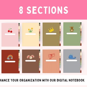 Op de afbeelding: Acht gekleurde digitale notitieboeksecties, elk met een uniek omslagontwerp. De omslagen bevatten illustraties van kersen, bloemen, een kroon, een teddybeer, een regenboog, een strik en een walvis. Tekst: 8 SECTIONS. Verbeter uw organisatie met ons digitale notitieboek.