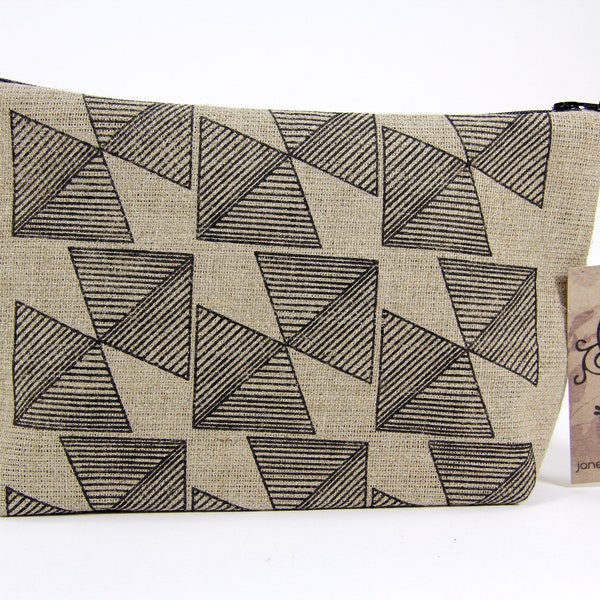 Geometric Linen Wash Bag/Large Pencil Case - Black Print