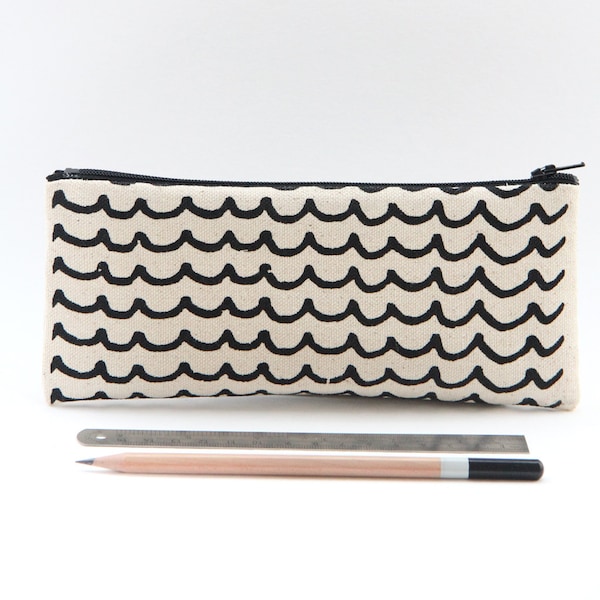 Organic Cotton Pencil Case - Black Waves Motif
