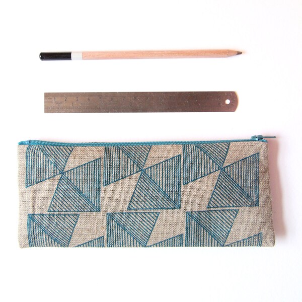 Blue Geometric Linen Pencil Case, Hand Screen Printed.