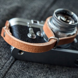 Handmade Leather Camera Strap Antique Tan Crimson Black x Natural image 2