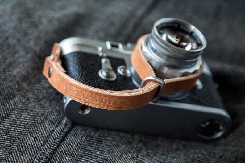 Handmade Leather Camera Strap Antique Tan Crimson Black x Natural image 2