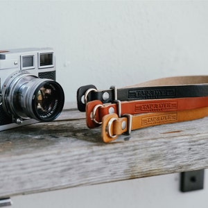 Handmade Leather Camera Strap Antique Tan Crimson Black x Natural image 1