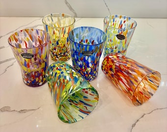 Set 6 Six Murano Glass Drinking Art Tumblers Blue Red Green Multi Millefiori