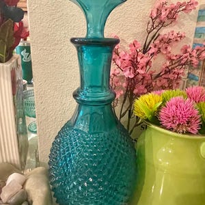 Vintage Mid Century Modern Rossini Empoli Teal Blue Diamond Point Cut Glass Decanter & Stopper, Turquoise Italian Glass, Empoli Genie Bottle