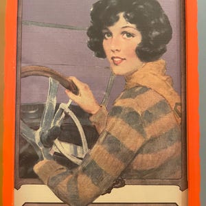 May include: A framed print featuring a vintage illustration of a person with dark hair driving a car, wearing a brown and black striped sweater. The text reads: Women's Wisdom SM If a woman's place is in the home, why are we always in a car?