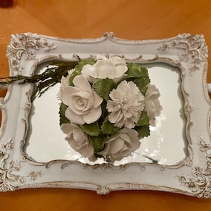 Aynsley England Fine Bone China Floral Bouquet Hand-painted. White Roses & Carnations green leaves.