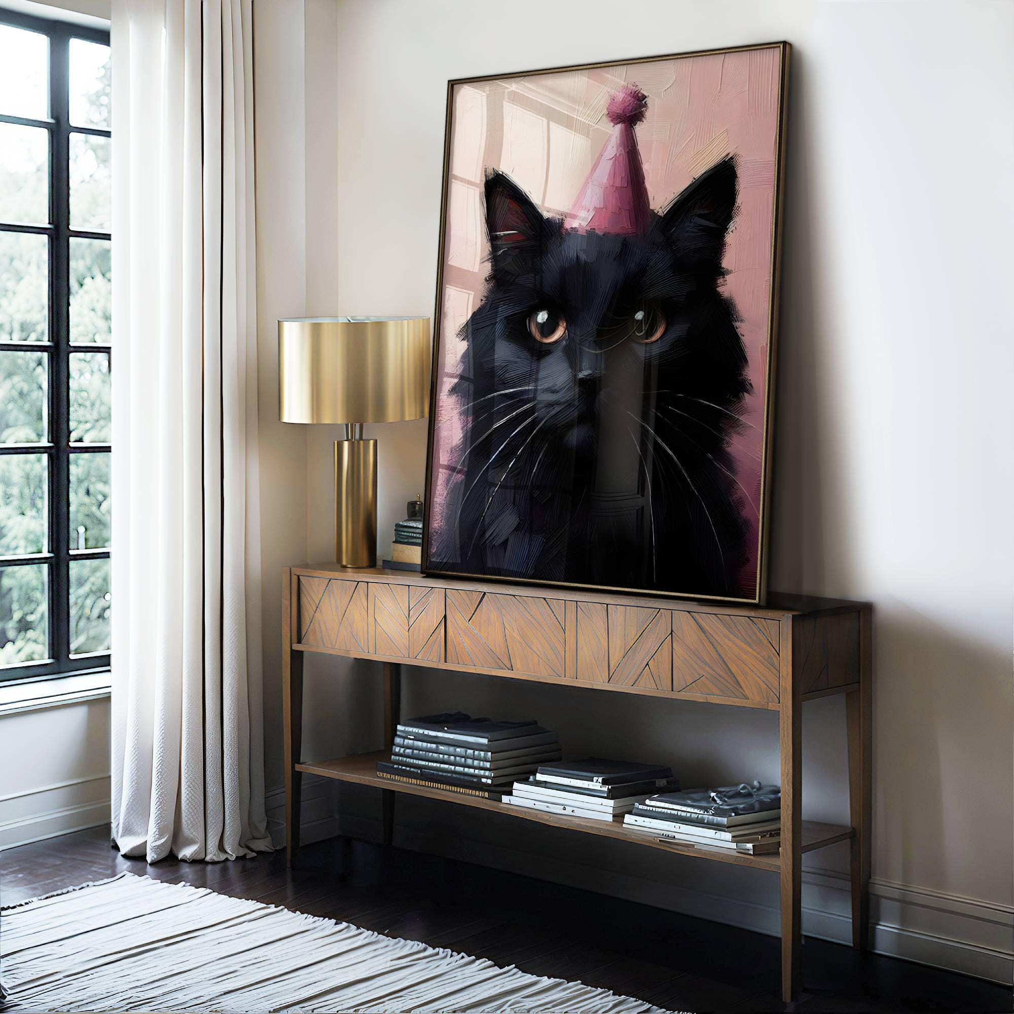 Black Cat Art Print: Whimsical Party Hat, Coquette Home Decor