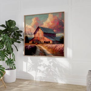Pastel Pink Barn Painting: Idyllic Farmhouse Wall Art (Digital Download)