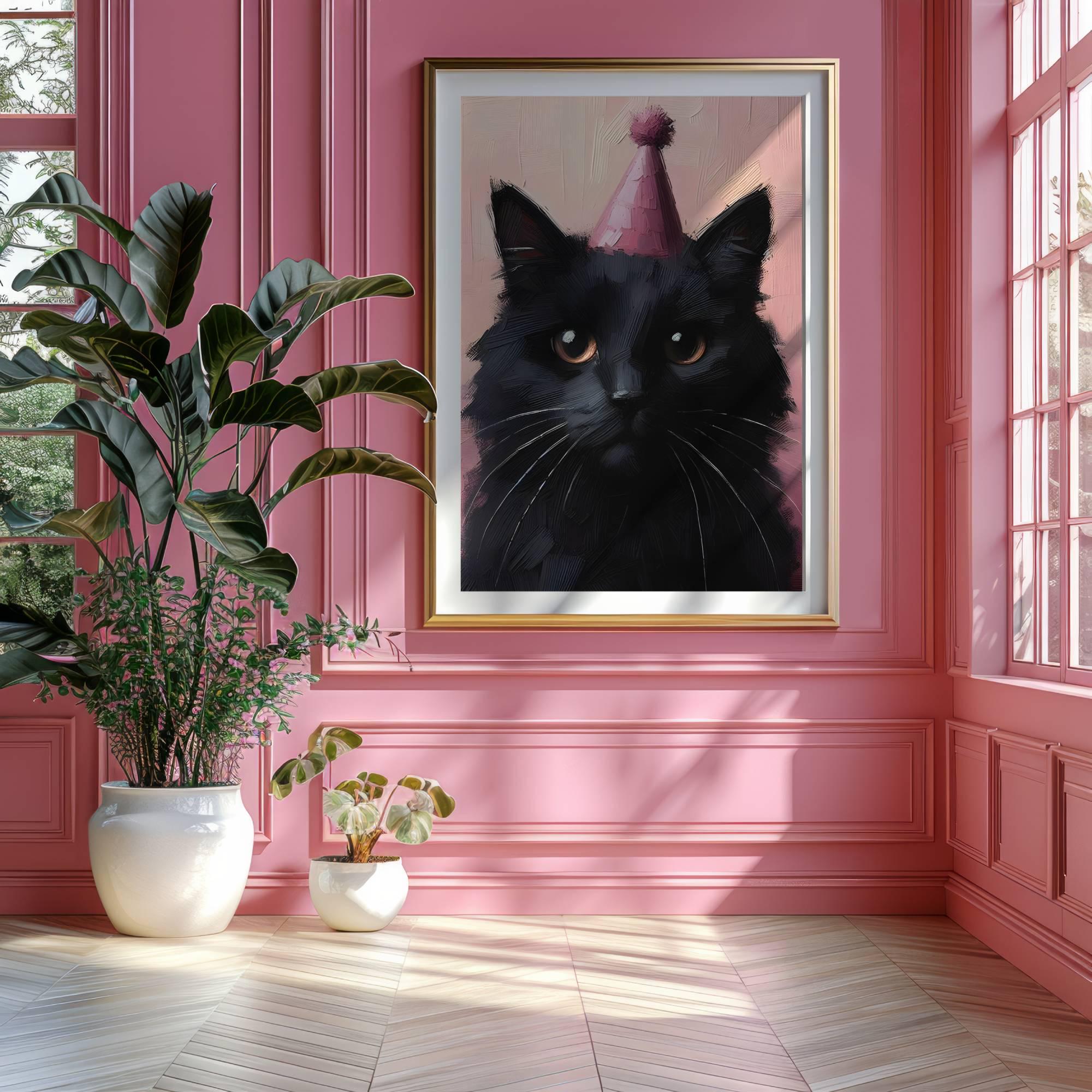 Black Cat Art Print: Whimsical Party Hat, Coquette Home Decor