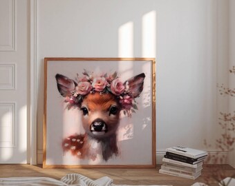 Stampa di un cerbiatto con corona di fiori: arte murale eclettica con animali (download digitale)