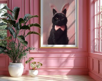 Black Cat Art Print: Whimsical Party Hat, Coquette Home Decor
