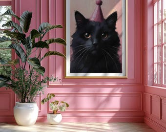 Black Cat Art Print: Whimsical Party Hat, Coquette Home Decor