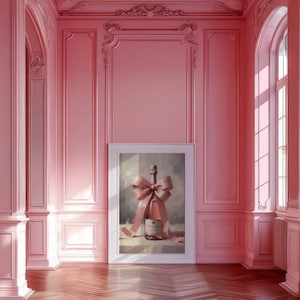 Champagne & Pink Bow Art Print: Coquette Style Cocktail Wall Decor (Digital Download)