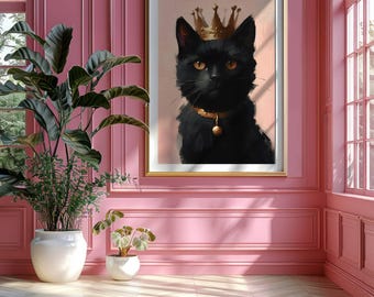Black Cat Art Print: Whimsical Party Hat, Coquette Home Decor