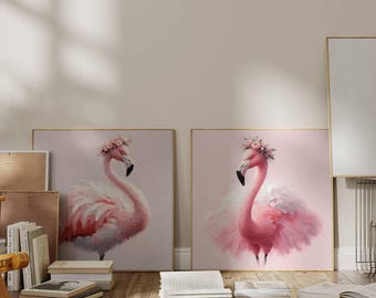Flamingo Pair Art Print: Flower Crown Bird Art (Digital Download)