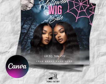 5 Halloween October wig flyer, wig business template ,Customizable Editable on Canva ,black , white & pink , spooky October flyer