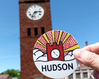 Hudson Ohio Clock Tower Sticker, 3-inch round vinyl sticker, full color decal, Iconic Landmark Souvenir Gift Idea