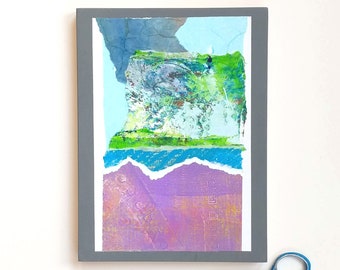 Abstract Landscape in Purple Blue Green Color, Small Mixed Media Paper Collage Wall Art, 8x6 inches, Original Home Decor, Ready To Hang