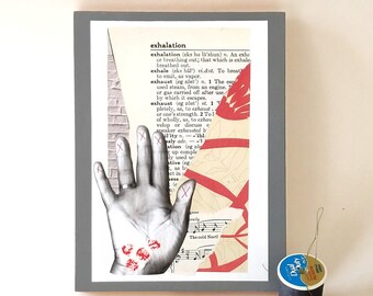 Exhalation, Hand Stitched Mixed Media Collage in Red Black Beige with Thread and Dictionary Page, 8x6 inches, Small Handmade Wall Art