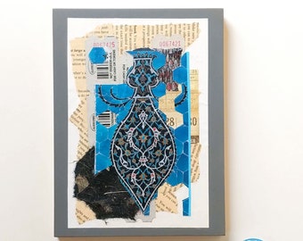 Blue Mosaic Style Paper Collage, 6x8 inches on Panel, Small Original Abstract Wall Art