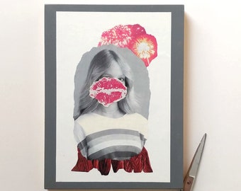 Kiss Me, Eclectic Mixed Media Art with Lip Prints, Original Torn Paper Collage, 8x6 inches