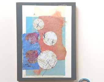 Mixed Media Collage Circle Wall Art in Aqua Blue Coral, Torn Paper Collage With Hand Stitching, 8x6 inches, Mixed Media, Small Boho Original