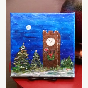 Hudson Clock Tower With Mouse at Christmas, Clocktower On A Winter Night, 6x6 inch Print, Ready to Hang
