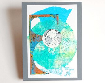 World Map Collage with Hand Stitching and Painted Paper, Mixed Media Art, 8x6 inches, Cut and Torn Paper Art, Earth Day Gift For Art Lover