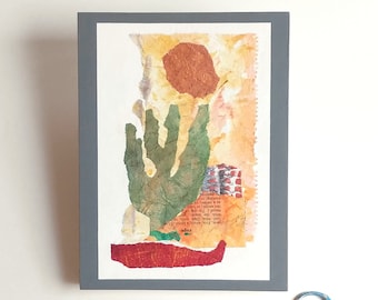 Southwest Desert Sunrise Over Cactus, Original Abstract Torn Paper Collage Art, Small Mixed Media Wall Art, 6x8 inches