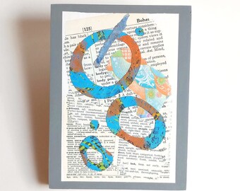 Retro Mod Mixed Media Art, Small Paper Collage in Aqua and Tangerine Color, 8x6 inches, Original Minimalist Wall Art, Home Decor Gift