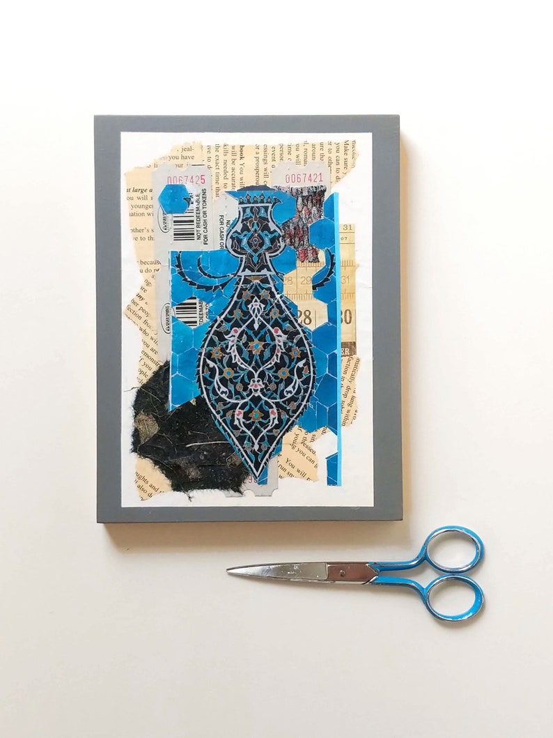 Blue Mosaic Style Paper Collage, 6x8 inches on Panel, Small Original Abstract Wall Art image 1