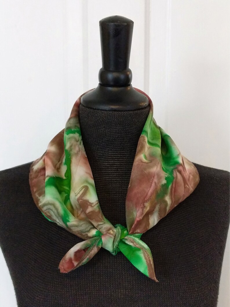 Ready To Ship Brown Green Silk Bandana Kerchief 100/% Silk Scarf 21 inches Neckerchief Hand Dyed Bandanna Gift Idea