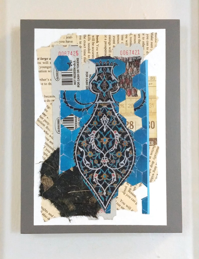 Blue Mosaic Style Paper Collage, 6x8 inches on Panel, Small Original Abstract Wall Art image 3