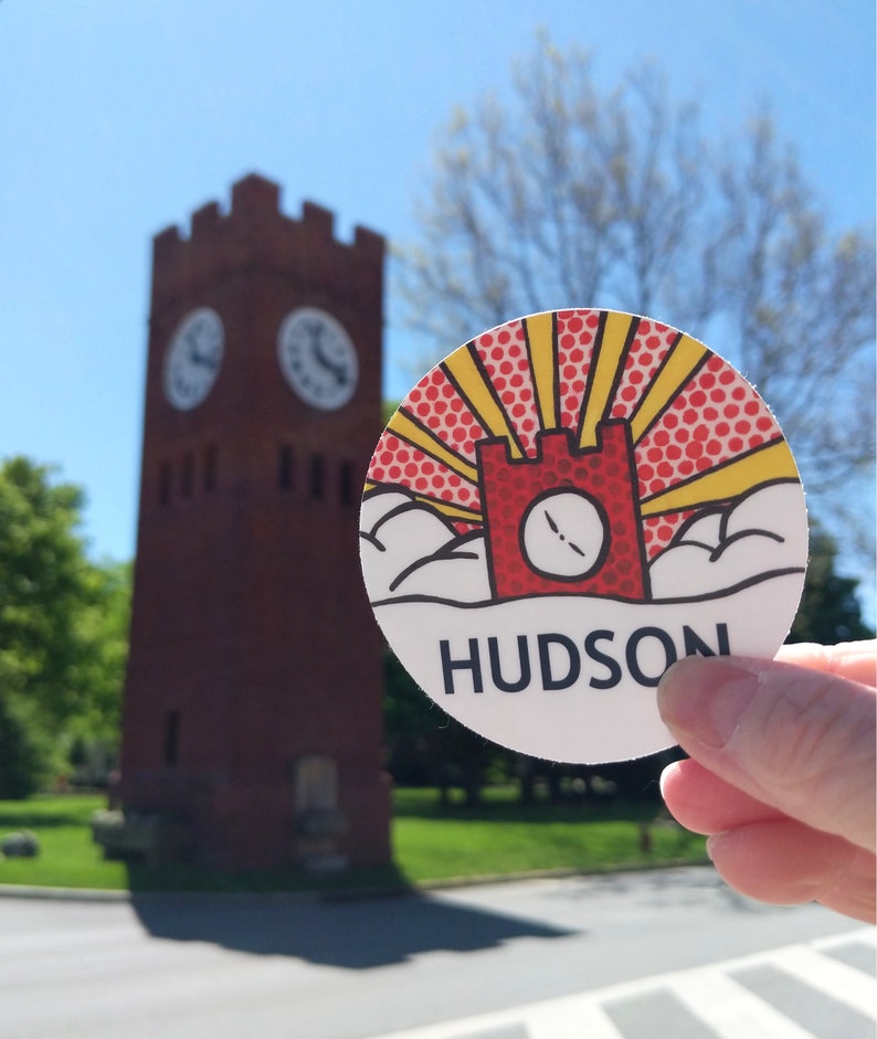 Hudson Ohio clock tower sticker, 3 inches round, colorful pop art stylized design.