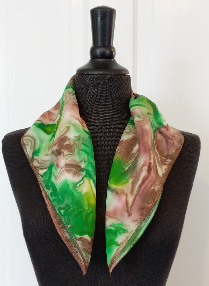Ready To Ship Brown Green Silk Bandana Kerchief 100/% Silk Scarf 21 inches Neckerchief Hand Dyed Bandanna Gift Idea