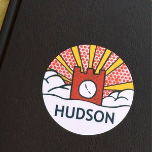 Hudson Ohio clock tower sticker, 3 inches round, colorful pop art stylized design, for notebooks and water bottles