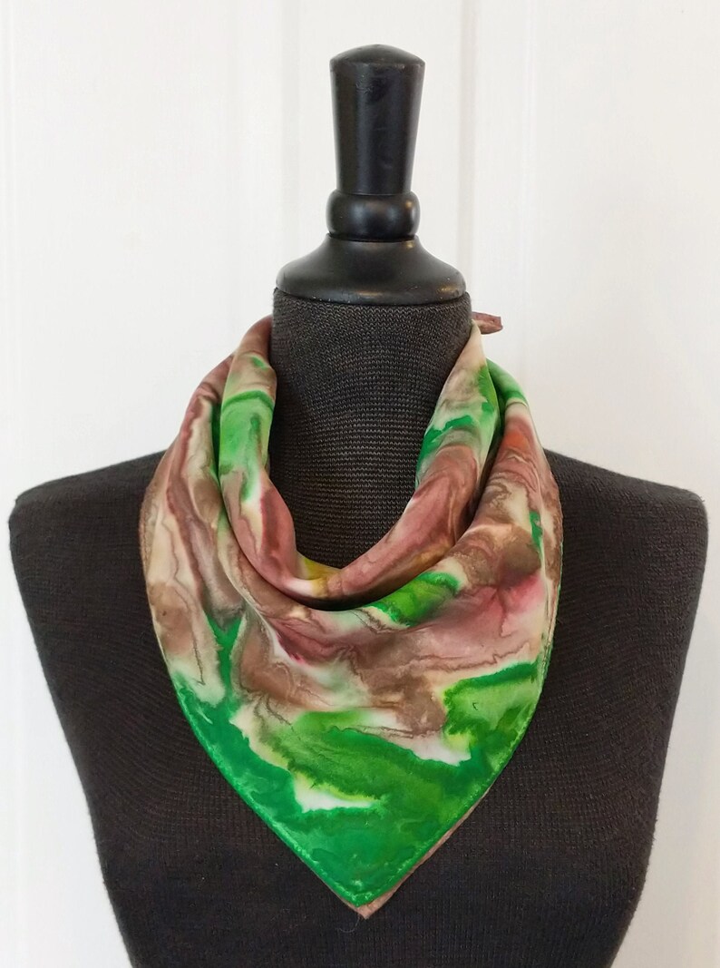 Ready To Ship Brown Green Silk Bandana Kerchief 100/% Silk Scarf 21 inches Neckerchief Hand Dyed Bandanna Gift Idea