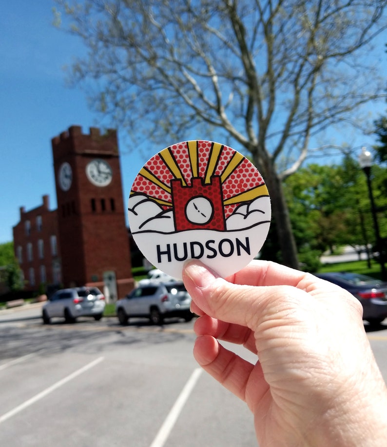 Hudson Ohio clock tower sticker 3 inches round, red and yellow pop art design.